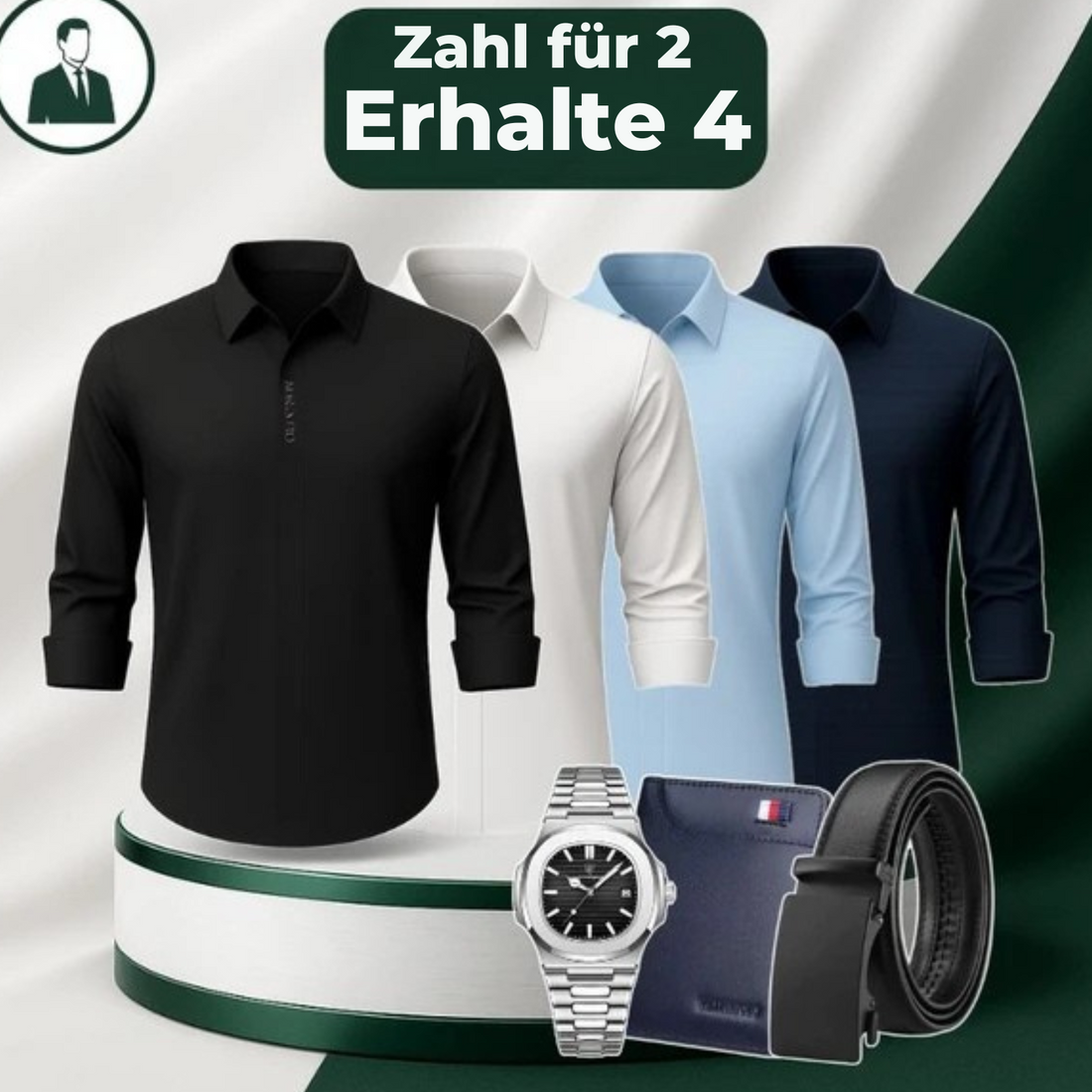 Zahl 2, nimm 4 – Set aus technologischen Makatto-Hemden aus Eisseidenjersey (knitterfrei!) + GRATIS: Gürtel, Geldbörse und Uhr