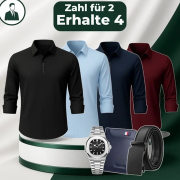 Zahl 2, nimm 4 – Set aus technologischen Makatto-Hemden aus Eisseidenjersey (knitterfrei!) + GRATIS: Gürtel, Geldbörse und Uhr
